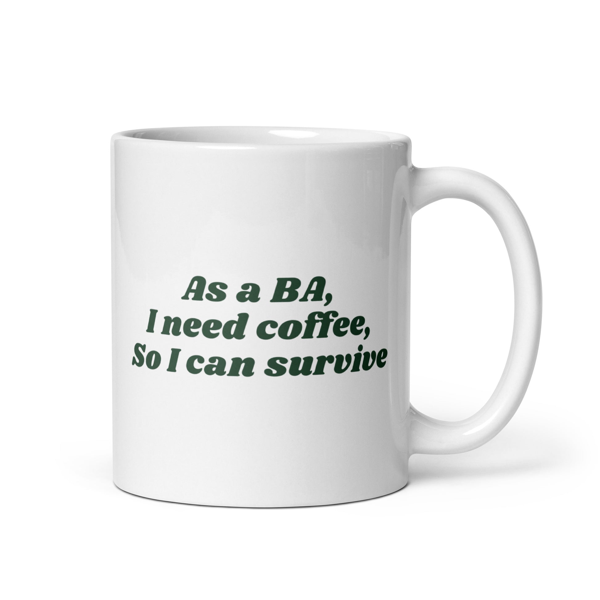 White glossy mug with Business Analyst text printed – funny coffee cup gift
